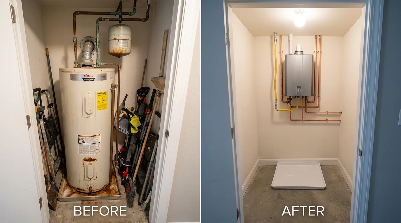 Tank water heater versus wall-mounted tankless unit comparison for Brownsville, PA homeowners