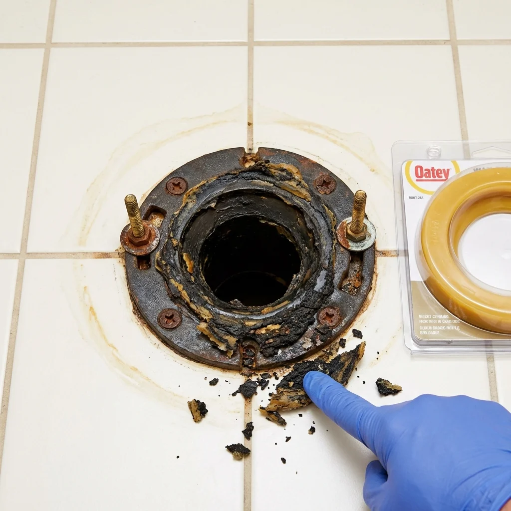 Failed wax ring showing water seepage at the base of a toilet in a Brownsville, PA home