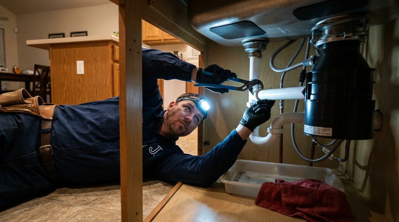 P-trap and supply line connections under a kitchen sink showing a common leak point in Brownsville, PA